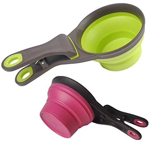 Acronde Lot de 2 Bols à mesurer Pliables en Silicone pour Animal Domestique 3 en 1 avec Clip d'étanchéité Multifonction pour Chien, Chat, Nourriture et Eau (1 Tasse et 1/2 Tasse)