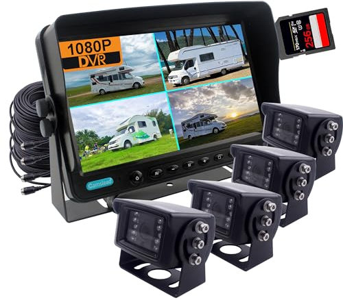 CAMSLEAD 7 inch Monitor 1080P Rear View Camera System, DVR Recorder, Support 256GB SD Card, 4 Channel Input, Quad Split Screen, 1080P Backup Camera for Trucks, Trailers, motorhomes, Caravans, RV