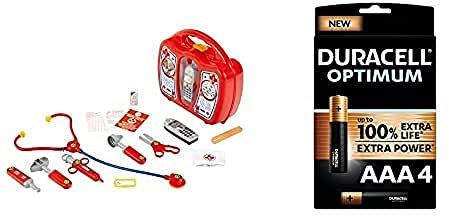 Theo Klein 4350 Arztkoffer mit Handy I Robuster Koffer mit Stethoskop, Spritze und vielem mehr + Duracell NEU Optimum AAA Micro Alkaline Batterien, 1.5V LR03 MX2400, 4er-Pack