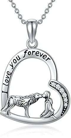 ROMANTICWORK Wolf Halskette I Love You Forever Wolf und Mädchen Herz Anhänger Halskette Sterling Silber Wolf Schmuck Geschenke für Frauen Mädchen