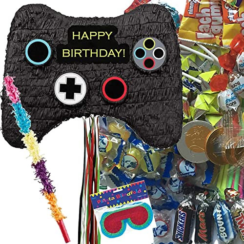 Pinata * GAMEPAD * als Spiel und Deko für Kindergeburtstag und Mottoparty | Größe: 45x32x8cm | Pinatas Gaming Gamer Spielkonsole Zocker Kinder Partydeko, Edition: Pinata mit Stock, Brille, Süßigkeiten