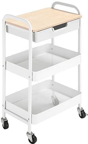 HOMCOM Carrito de Cocina con Ruedas Carro de Almacenamiento con Cajón Extraíble 2 Cestas y Frenos para Baño Salón Dormitorio 43,9x30,5x75,6 cm Blanco