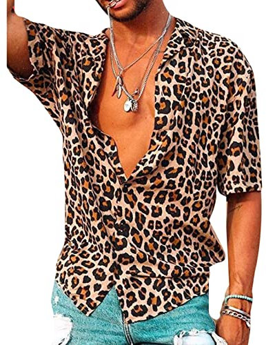 kewing Men's Leopard Print Shirts Fashion Short Sleeve Button Down Retro Shirt Yellow