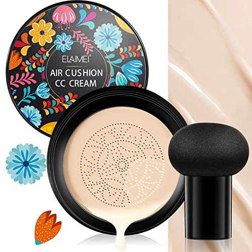 CC Cream - Foundation & Pilzkopfschwamm, Feuchtigkeitsspendender Concealer Pilzkopf Luftkissen, Lang Anhaltende Aufhellende Make-up-Basis, Gleichmäßiger Hautton für Alle Hauttypen (Elfenbein)