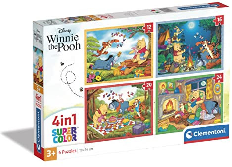 Clementoni - 21514 - Supercolor Puzzle - Disney Winnie The Pooh - 4 Puzzle da 12,16,20 e 24 Pezzi - Puzzle Bambini 3 Anni, Puzzle Cartoni Animati - Made In Italy