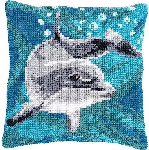 Vervaco Kreuzstich Stickpackungen Kissen Stickerei Set Anfänger Vorgedruckt Delphin DIY Set Kreativ Set Für Erwachsene Dekoratives Kissen ca. 40 x 40 cm Bastelset Handwerker Haus Dekoration
