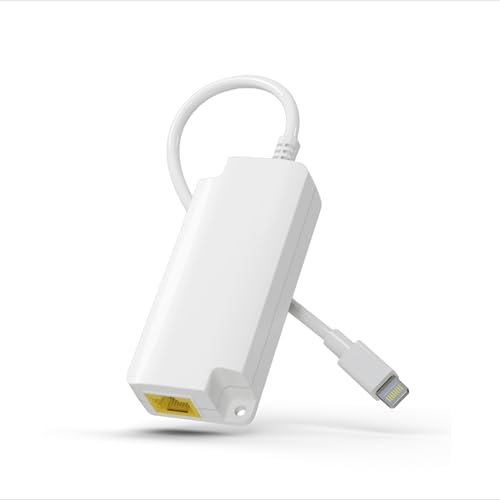 Adaptateur Lightning vers Ethernet compatible avec tous les iOS, PoE vers Lightning avec charge 10 W pour iPad/iPhone/iPod, alimentation et données 2 en 1 RJ45 Port vers Lightning Adaptateur, 10/100