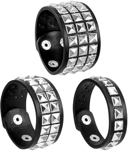 Newellsail Bracelet Rivet en Cuir Punk Gothique Clouté Con Bouton-pression Réglable pour Hommes et Femmes, Accessoires de Fête 3 Pièces (Noir)