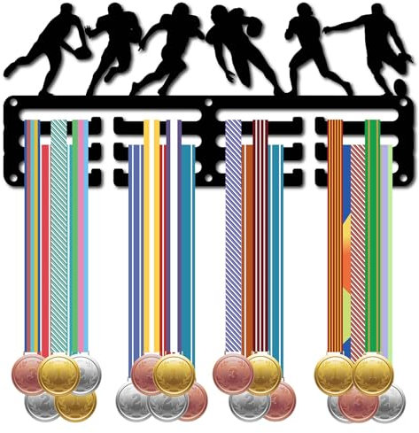 CREATCABIN Rugby-Medaillenaufhänger,Rugby-Medaillenhalter,Präsentationsständer,Sport-Metallaufhängung,Auszeichnungen,Eisen,Kleine Halterung,Dekoration Für Fußball,Medaillengewinner,Schwarz,29x13cm