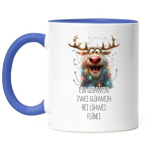 Hey!Print Ein Glühwein Zwei Glühweih Glühwein-Tasse Rentier Julklapp Geschenk Tasse Blau Weihnachten