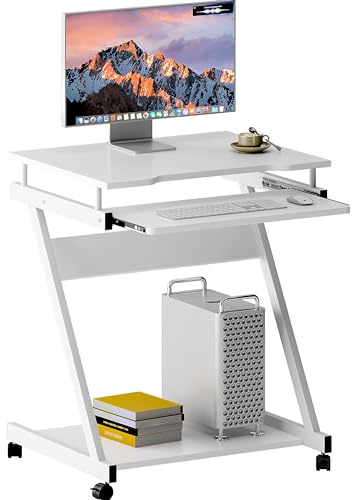 SDHYL Computer-Schreibtisch, tragbar, Beistelltisch in Z-Form, mit Tastaturablage, klein, mit Rollen, Weiß