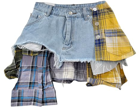 BAIMORE Damen Y2k High Waist Plaid Patchwork Asymmetrischer Saum A-Linie Mini Jeansrock