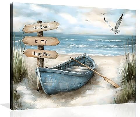 OWNANRTHM Leinwandbild mit Strandboot, Möwe, Küstenboot, Bilder, Bauernhaus, Seevogel, Schiff, Malerei, Drucke für Wohnzimmer und Badezimmer, 30,5 x 40,6 cm