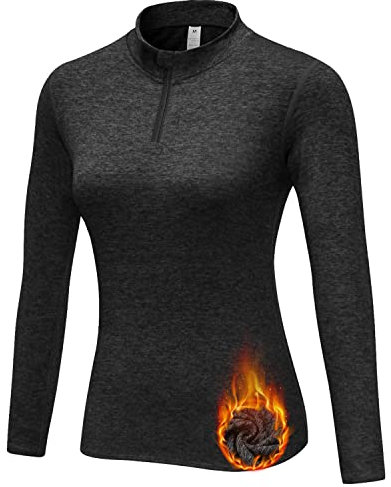 WOWENY Funktionsshirt Damen Langarm Laufshirt Winter Thermooberteil Sweatshirt Damen Ohne Kapuze Langarmshirt Sportshirt Fitness 1/4 Zip Wandershirt Atmungsaktiv U-Schwarz XXL