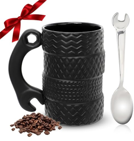Yuragim Reifentasse mit Löffel&Griff, Vatertag Geschenk für Männer Papa, 3D Autotasse Werkzeugtasse 500ml Große Kaffeetasse aus Keramik für Büro Zuhause, Geschenk für Autoliebhaber Mechaniker Fahrer