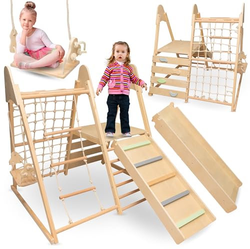 Mamabrum Holz Haustier Spielplatz XL 5in1, Rutsche, Schaukel, Kletterwand, Netz und Leiter für Aktive Kleinkind, Stabil, Für Aktiv-Homepage, Unterstützung Baby Entwicklung