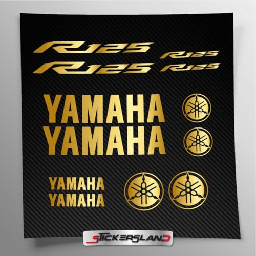 Kit adesivi compatibile con serbatoio e casco moto | Vinile Prespaziato FACILE APPLICAZIONE | scritte loghi | Stickersland® - R125 R15 (Oro Metallizzato)