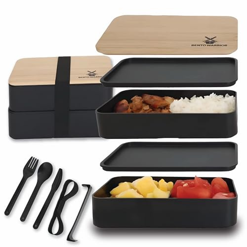 Bento Warrior Lunch Box, Black and Wood Grain, Dual-Layer (Black)