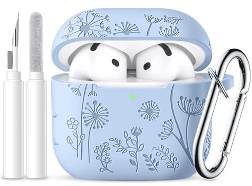 Ouwegaga Blumen-Gravierte Hülle für AirPods 4 Hülle 2024, Stoßdämpfender Weiche Silikon AirPods 4 Case Kompatibel mit Apple AirPods 4. Generation, LED Sichtbar, mit Karabiner&Reinigungskit, Lila