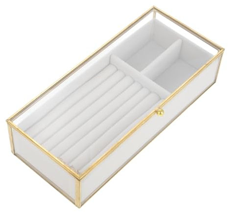 TINEASUR Elegante Joyero de Cristal con Marco Dorado Vintage Vitrina para Anillos Collares Pendientes Organizador de Joyas de Terciopelo Caja de Baratijas con Compartimentos de Almacenamiento