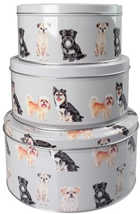 Set of 3 Round Nesting Airtight Cake Storage Tins with Lids - Large, Medium & Small Food Storage Containers for Cakes, Biscuits, Cookies & Bakery Items - Durable Kitchen Storage (Dog Design)