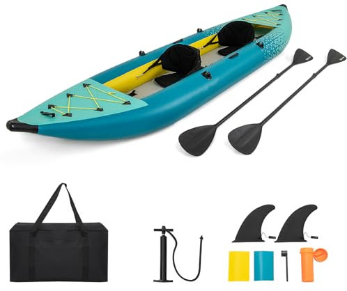 HOMASIS Kajak Aufblasbar für 2 Personen, Schlauchboot mit 2 Aluminiumpaddel & 2 Flossen, verstellbare Sitze & Fußstützen, Kanu mit Tragetasche, Pumpe & Reparaturset, bis 230 kg belastbar (Blau)