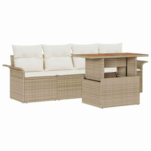 vidaXL Garten-Sofa-Set mit Speicher 5 pcs Beige Poly Rattan, Moderne, stylische Garten-Lounge, modulares Rattan-Sofa mit Akazienholz-Tisch, UV-beständige Sitzgelegenheit