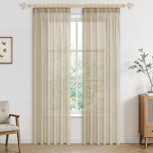 CUTEWIND Vorhang für Schiene Gardinen Beige Transparent H 225cm x B 140cm, Vorhänge Beige Halbtransparent Leinenoptik mit Haken für Schlafzimmer, Wohnzimmer und Küche 2er Set
