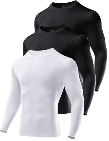 Niksa 3 Packs Long Sleeve T Shirt Men's Muscle Fit T-Shirt Compression Breathable Slim Tops for Gym Work Running Sports Cycling Active Wear Base Layers Black Black White,M