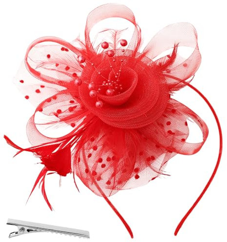 AWAVM Fascinateur rouge Chapeau de femme avec voile rouge Plumes Fleurs Bandeau en maille Clip Coiffure de fête Mariage Promenade Cocktail Carnaval
