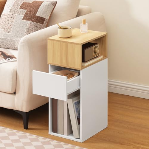 HOOBRO Nachttisch, Beistelltisch schmal, Nachtschrank mit Schublade und offenen Fächern, nachttisch klein, für Schlafzimmer, Wohnzimmer, Weiß und Natur EWN196BZ01