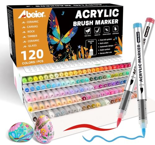 ABEIER 120 Colours Acrylic Paint Pens for Adults, Acrylic Brush Markers，Acrylic Markers for Colouring，Rock Painting, Wood, Stone, Canvas, Glass, Fabric, Eggs, and DIY Crafts Art Supplies
