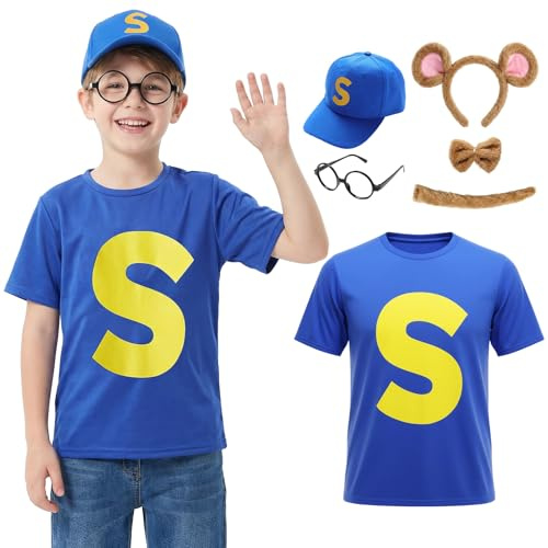 Apparlxer Chipmunks Costume for Teen,5Pcs Chipmunks Outfits Team Costume with Chipmunk Ears Tail Bow Tie Letter T-shirt Hat,Chipmunk World Book Day Costumes for Teenager