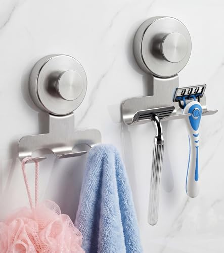​Silospire Rasierer Halterung Dusche 2er Set mit Saugnapf, Edelstahl Starker Vakuum Rasierhalter Ohne Bohren, Wasserdicht & Wiederverwendbar, Haken für Rasierer, Handtücher, Bademäntel, Bad Zubehör