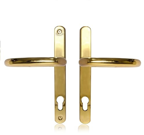 XFORT Uros Polished Brass UPVC Door Handle, (PZ 92mm, 211mm Screw Hole Distance, 243mm Overall) DDA Compliant, Long Backplate, Stainless Steel Front Door Handle