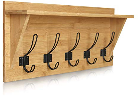 HBCY Creations Bamboo Wall Mounted Coat Rack with Shelf - Wooden Country Style 24 Entryway Shelf with 5 Rustic Hooks - Solid Pine Wood. Perfect Touch for Your Entryway, Mudroom, Kitchen (Bamboo)