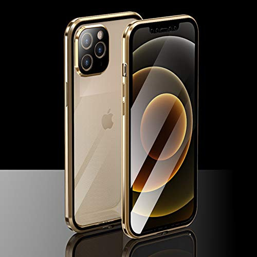 CeeDoo iPhone 12 Pro MAX Funda Adsorción MagnéTico 360 Grados Protector De CáMara Incorporado Case Transparente Cristal Templado Metal Bumper Carcasa, Oro