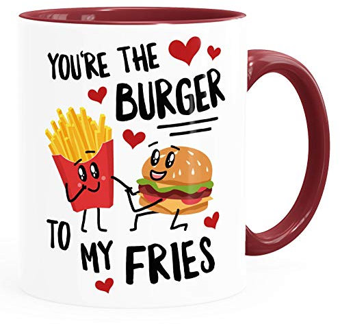 Moonworks® Kaffee-Tasse You're the burger to my fries Geschenk Liebe Valentinstag Jahrestag Geburtstag inner-bordeaux Keramik-Tasse
