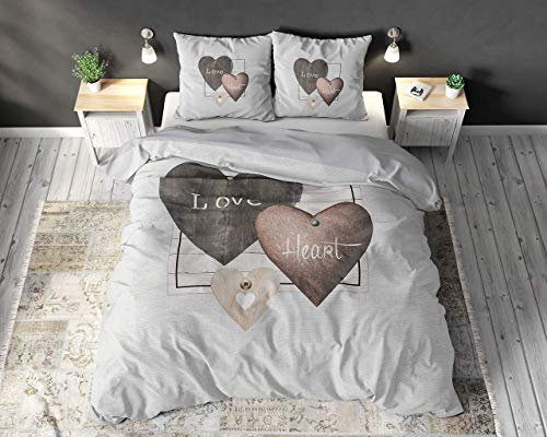 Sleeptime Bettwäsche 100% Baumwolle Liebesherzen, 200 x 220cm, + 60 x 70cm, Grau