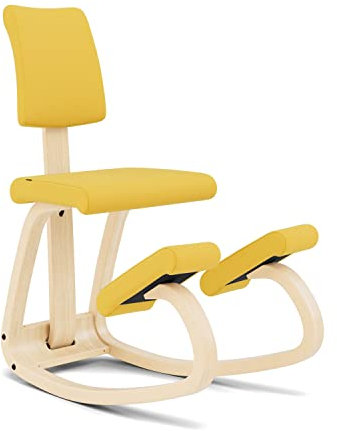Variable Plus - Ikonischer Kniestuhl mit gepolsterter Rückenlehne - Natur Holz / 100 % recyceltes Polyester, gelber Qualitätsstoff