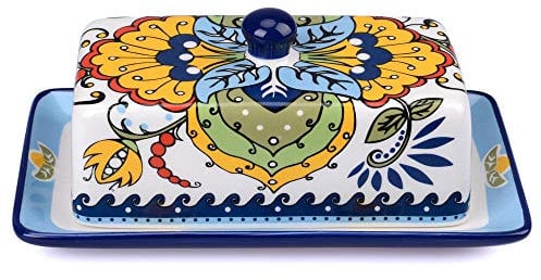 INCETUE Mantequilla de cerámica (dibujado a mano) 2 piezas cubierta y plato combo rústico, decoración de cocina vintage, manteca con tapa para encimera, soporte de mantequilla