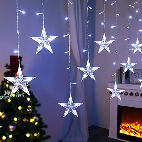 BLOOMWIN Lichtervorhang- 3x0,75M Sterne Lichterkette Fenster 8 Modi Beleuchtete Fensterdeko Weihnachten-Lichterkette Innen- Weihnachtsdeko Fenster Beleuchtet, USB Lichterketten Vorhang IP44 Kaltweiß