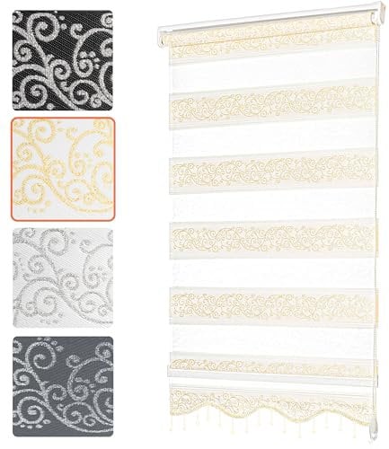 Bailena® Doppelrollo Klemmfix ohne Bohren - 4in1 Duo Rollo mit Muster Weiß Gold Glitzernd 200x200cm - Ranken & Blumen Motiv Doppelrollo mit Perlen - Gardinen Rollos für Fenster & Tür