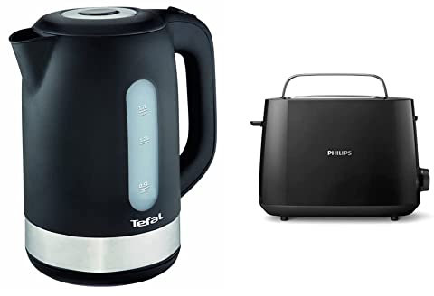 Tefal KO3308 Kunststoff - Edelstahl Wasserkocher | Anti-Kalk Filter | 2.400 W | Assistierende Deckelöffnung | 1.7 L | schwarz & Philips HD2581/90 Toaster, Brötchenaufsatz, 8 Bräunungsstufen, schwarz