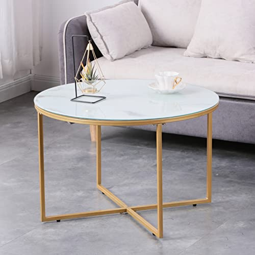GOLDFAN Table Basse Salon Meuble de Salon en Verre Ronde avec Cadre en Métal Doré Table d'appoint Moderne,Blanc Marbre