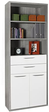Composad | Libreria Alta della Linea DISEGNO con 2 Ante, 2 cassetti e 3 Vani, Libreria Scaffale Moderna, (LxAxP) 81,60x217,50x35,70 cm, Colore Cemento e Bianco Laccato, Ufficio, Made in Italy
