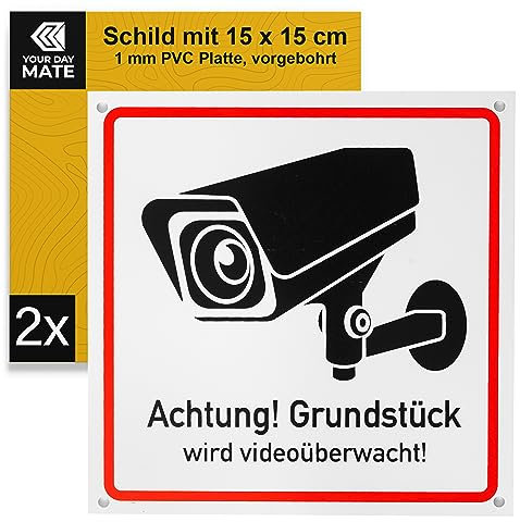 Hinweisschild Achtung! Grundstück wird videoüberwacht!, 2 Stück, 15 x 15 cm, 1 mm starkes PVC Schild mit Bohrlöchern, Warnschild kameraüberwacht für Innen- und Außenbereich, Schild Video Überwachung
