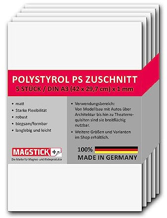 Set de 5 placas de poliestireno blanco I DIN A3 placas rígidas de plástico PS recortes I 29,7 x 42 cm I grosor 1 mm I para modelismo arquitectura bricolaje I mag262