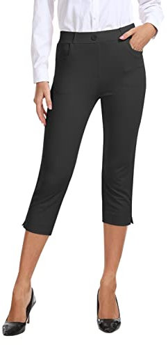 AjezMax Damen Hosen für Business Stretch Freizeithose High Waist Straight Yoga Bürohose Slim Fit Capri Hosen mit Taschen Schwarzgrau XXL