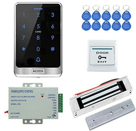 YAVIS Kompletter Satz des Wasserdichten RFID-Touchscreen-Zugangskontrollers IP68180KG elektromagnetisches Schloss, DC 12V 3A Netzteil, Ausgangstaste, 10 Schlüsselanhänger X13